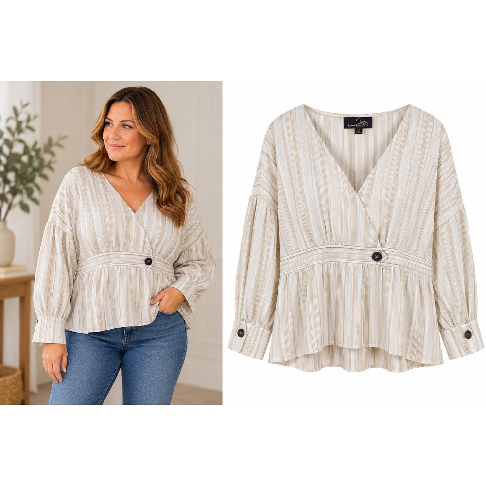 NWT Suzanne Betro 2X Beige Striped Boho Peplum Blouse Cottagecore Coastal
